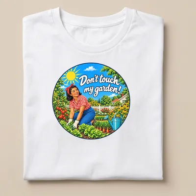 Retro style t-shirt featuring an Asian woman gardener and vibrant flowers with text. — printed on a unisex t-shirt