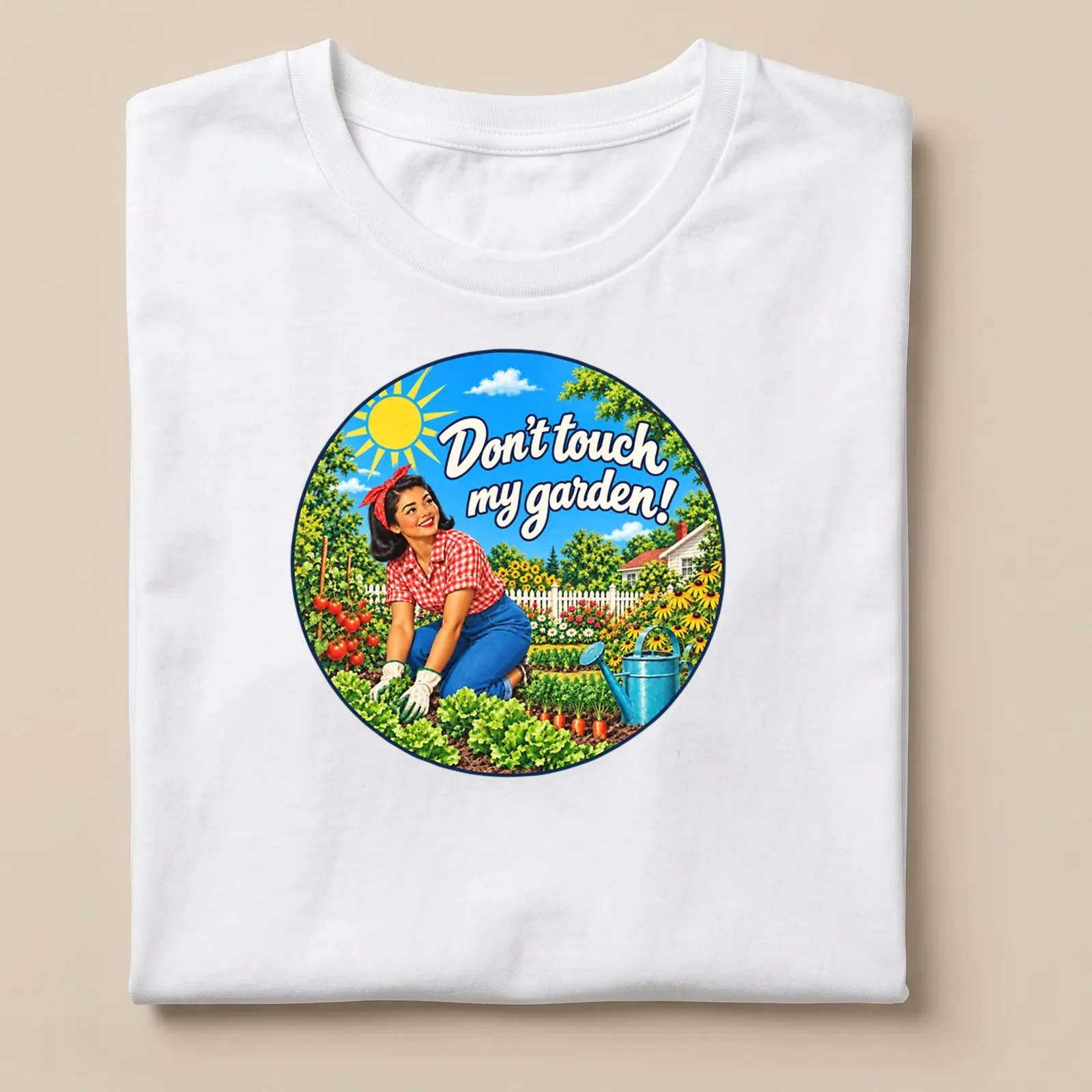 Retro style t-shirt featuring an Asian woman gardener and vibrant flowers with text. — printed on a unisex t-shirt