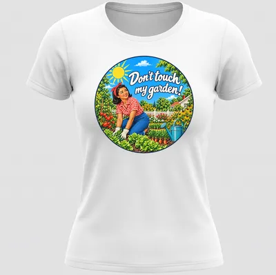 Retro style t-shirt featuring an Asian woman gardener and vibrant flowers with text. — printed on a women's shirt