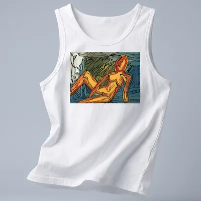 Abstract expressionist print with the word 'Dwaalhaas' and colorful figure — printed on a tank top