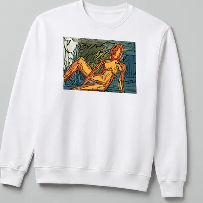Abstract expressionist print with the word 'Dwaalhaas' and colorful figure — printed on a unisex sweatshirt