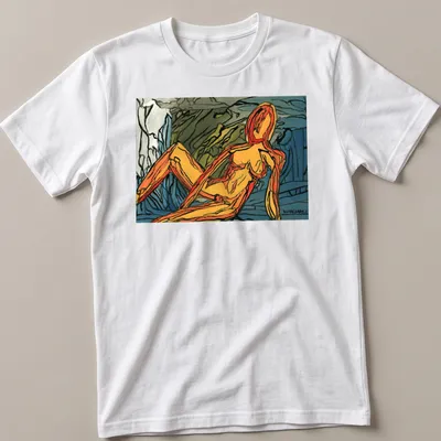 Abstract expressionist print with the word 'Dwaalhaas' and colorful figure — printed on a unisex t-shirt