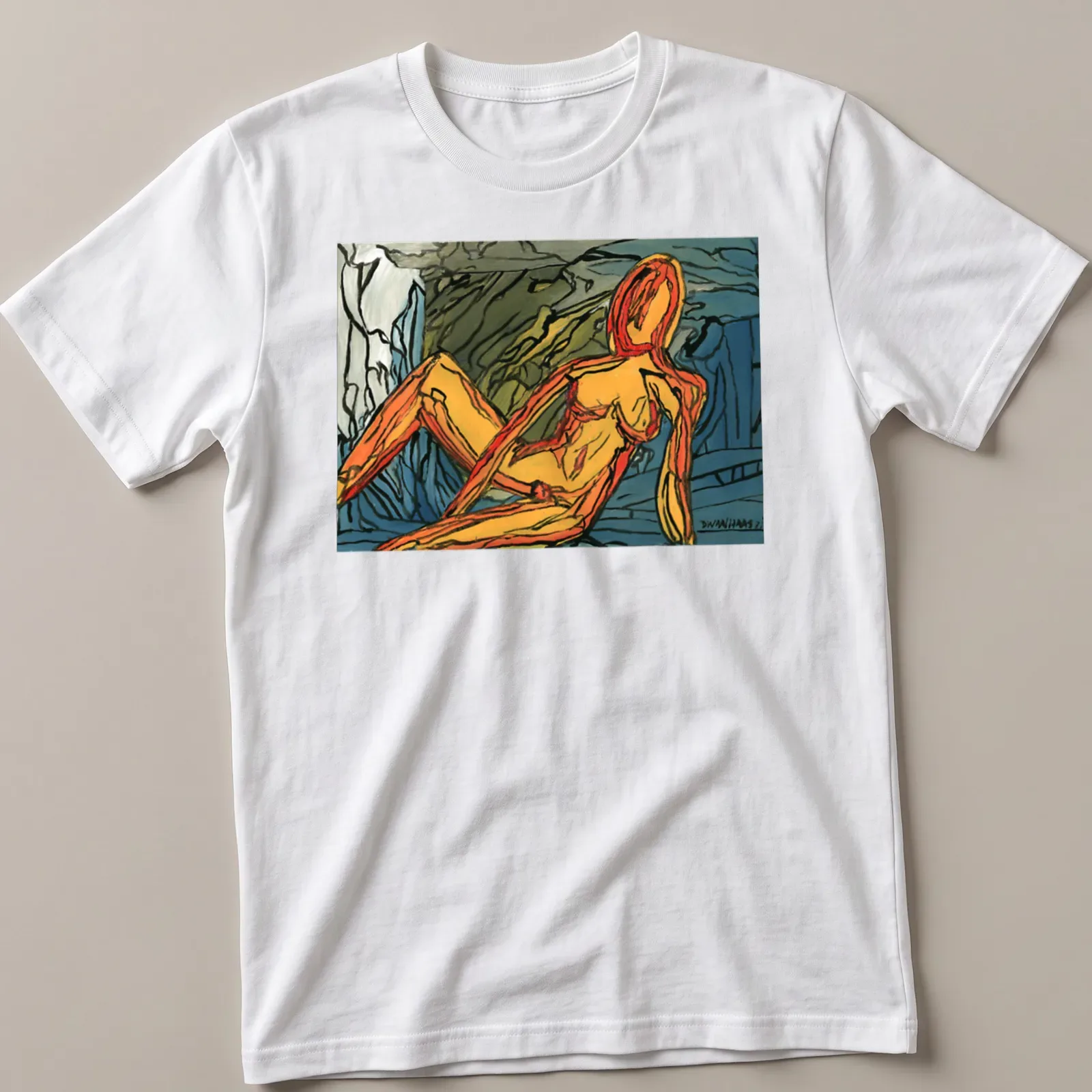 Abstract expressionist print with the word 'Dwaalhaas' and colorful figure — printed on a unisex t-shirt