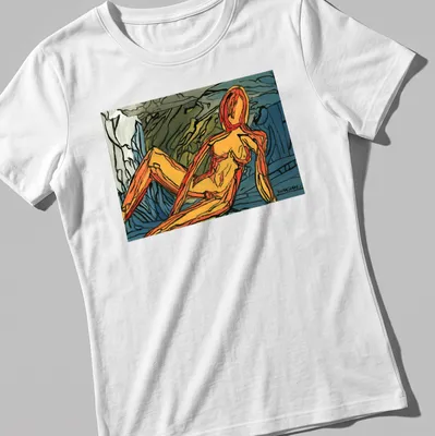 Abstract expressionist print with the word 'Dwaalhaas' and colorful figure — printed on a women's shirt