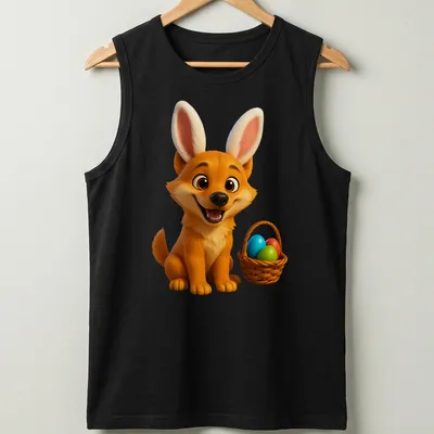 Cartoon dingo with bunny ears and colorful Easter eggs in a basket — printed on a tank top
