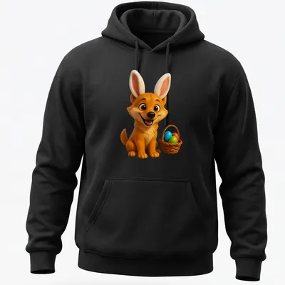 Cartoon dingo with bunny ears and colorful Easter eggs in a basket — printed on a unisex hoodie