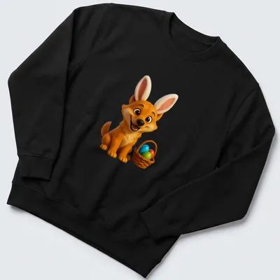 Cartoon dingo with bunny ears and colorful Easter eggs in a basket — printed on a unisex sweatshirt