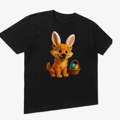 Cartoon dingo with bunny ears and colorful Easter eggs in a basket — printed on a unisex t-shirt (angled view)