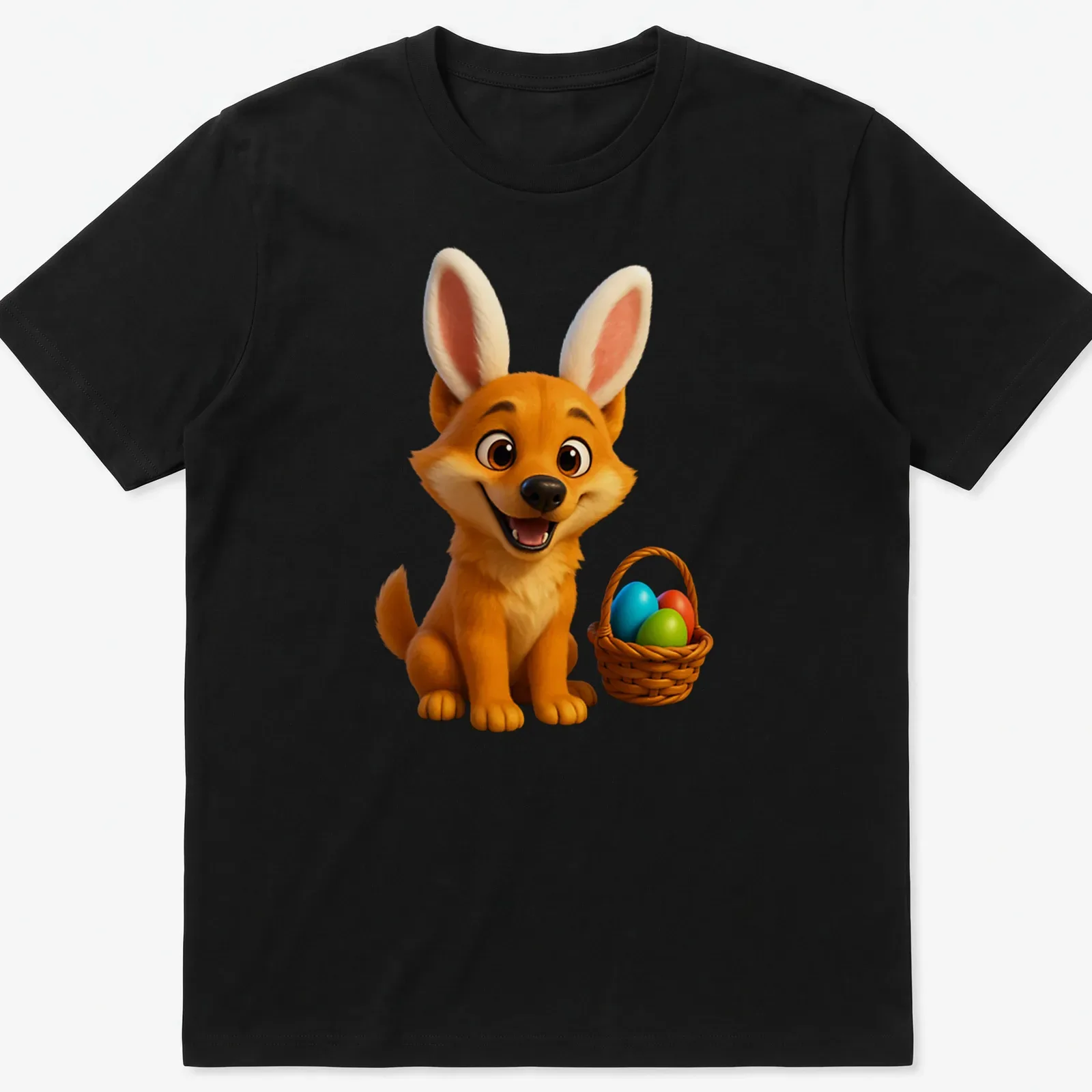 Cartoon dingo with bunny ears and colorful Easter eggs in a basket — printed on a unisex t-shirt