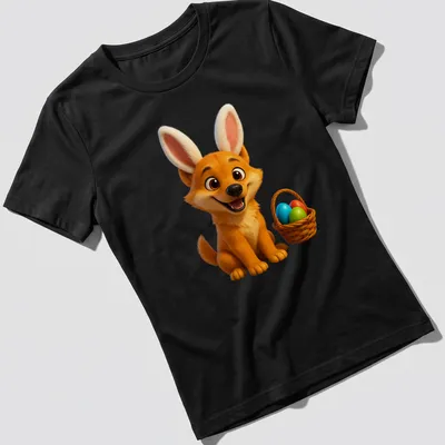 Cartoon dingo with bunny ears and colorful Easter eggs in a basket — printed on a women's shirt