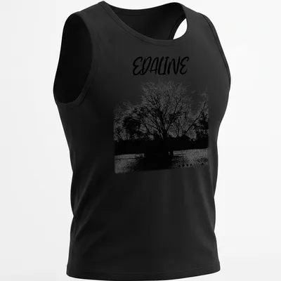 Black and white silhouette of a tree with 'EDALINE' printed above. — printed on a tank top