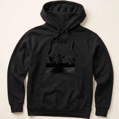 Black and white silhouette of a tree with 'EDALINE' printed above. — printed on a unisex hoodie