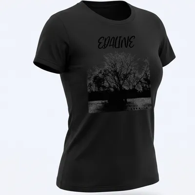 Black and white silhouette of a tree with 'EDALINE' printed above. — printed on a women's shirt