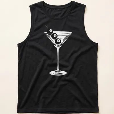 Minimalist design of a martini glass with an eight ball garnish — printed on a tank top