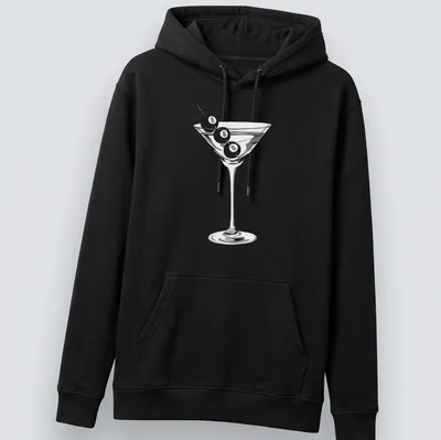 Minimalist design of a martini glass with an eight ball garnish — printed on a unisex hoodie