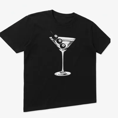 Minimalist design of a martini glass with an eight ball garnish — printed on a unisex t-shirt (angled view)
