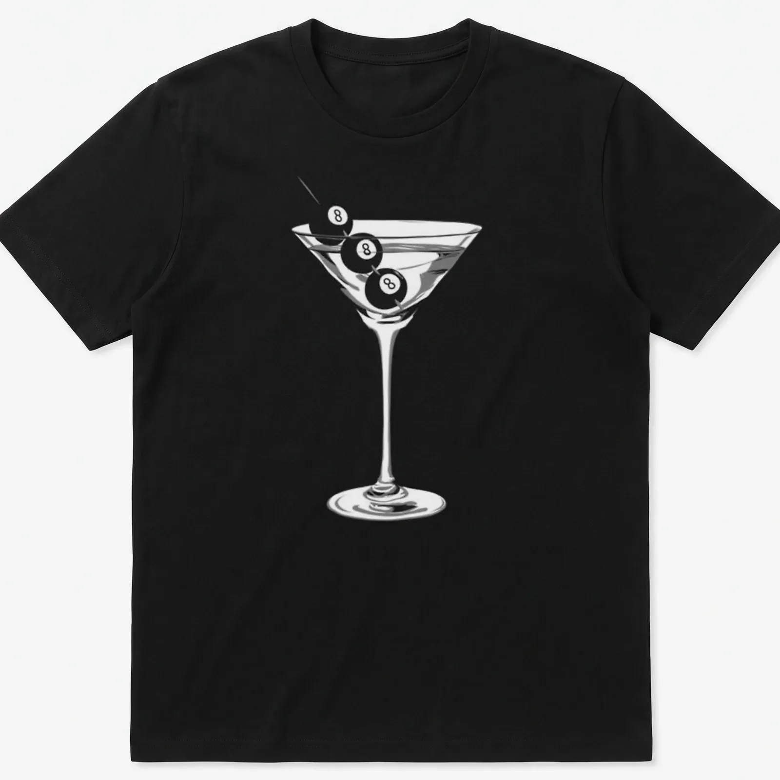Minimalist design of a martini glass with an eight ball garnish — printed on a unisex t-shirt