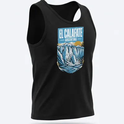 Vintage landscape design of glaciers with El Calafate text in blue and yellow — printed on a tank top