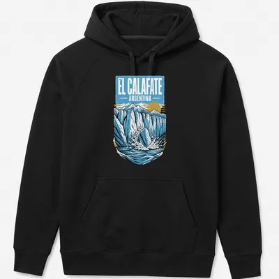 Vintage landscape design of glaciers with El Calafate text in blue and yellow — printed on a unisex hoodie