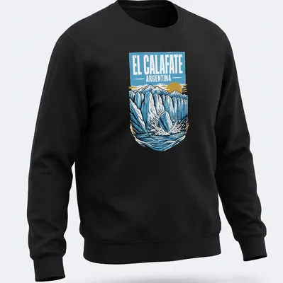 Vintage landscape design of glaciers with El Calafate text in blue and yellow — printed on a unisex sweatshirt