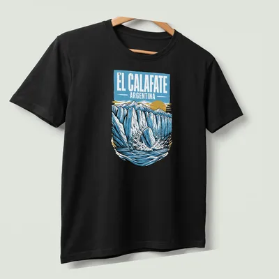 Vintage landscape design of glaciers with El Calafate text in blue and yellow — printed on a unisex t-shirt (angled view)