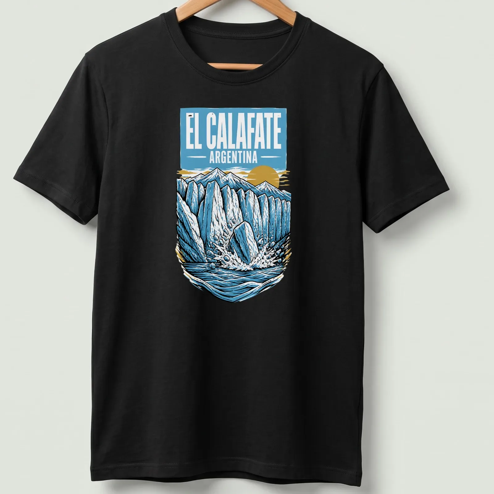 Vintage landscape design of glaciers with El Calafate text in blue and yellow — printed on a unisex t-shirt