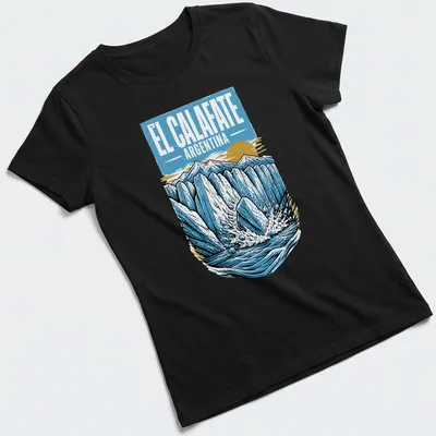 Vintage landscape design of glaciers with El Calafate text in blue and yellow — printed on a women's shirt