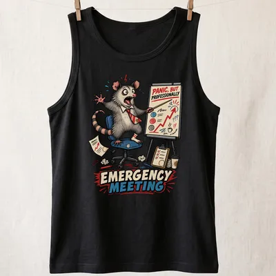Cartoon possum with humorous text about emergency meetings on — printed on a tank top