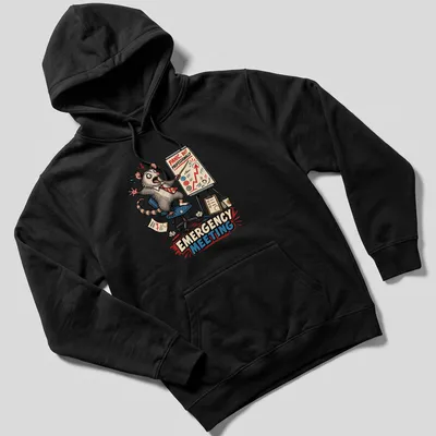Cartoon possum with humorous text about emergency meetings on — printed on a unisex hoodie
