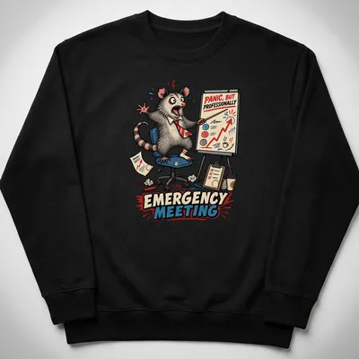 Cartoon possum with humorous text about emergency meetings on — printed on a unisex sweatshirt