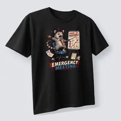 Cartoon possum with humorous text about emergency meetings on — printed on a unisex t-shirt (angled view)