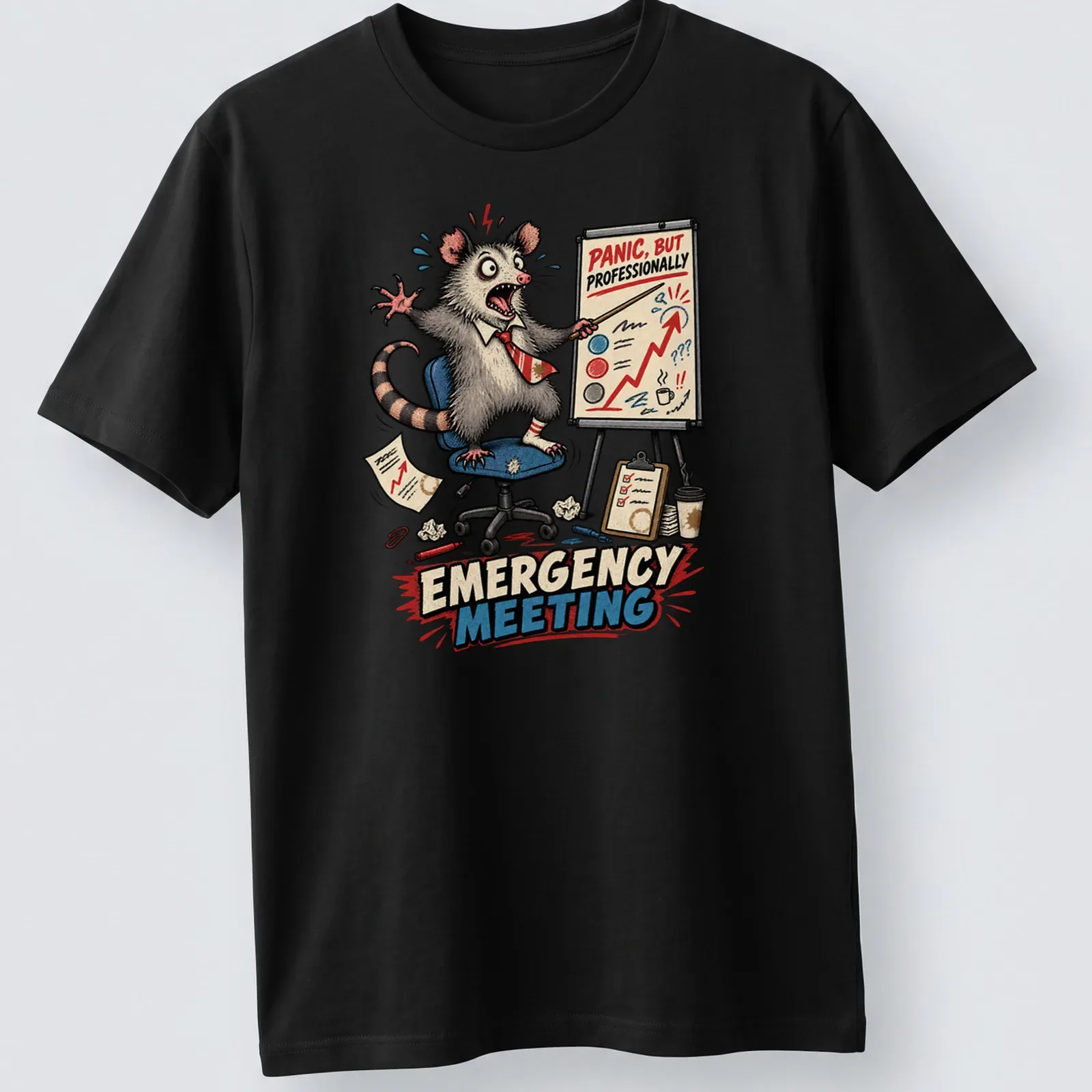 Cartoon possum with humorous text about emergency meetings on — printed on a unisex t-shirt