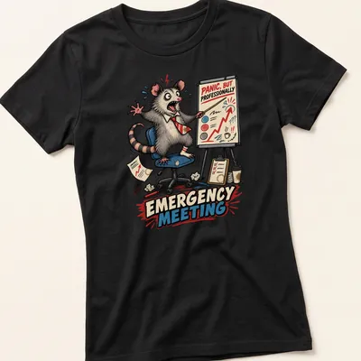 Cartoon possum with humorous text about emergency meetings on — printed on a women's shirt