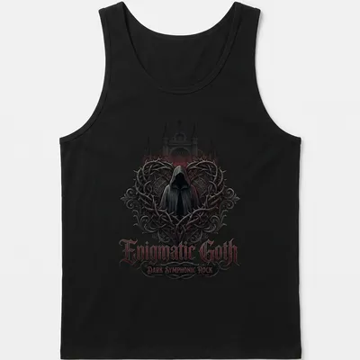 Hooded figure graphic with gothic lettering in black, red, gray, and white — printed on a tank top