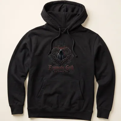 Hooded figure graphic with gothic lettering in black, red, gray, and white — printed on a unisex hoodie