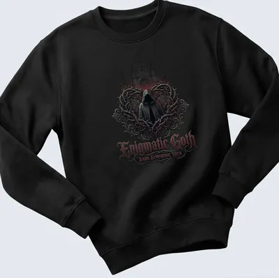 Hooded figure graphic with gothic lettering in black, red, gray, and white — printed on a unisex sweatshirt