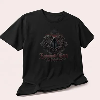 Hooded figure graphic with gothic lettering in black, red, gray, and white — printed on a unisex t-shirt (angled view)