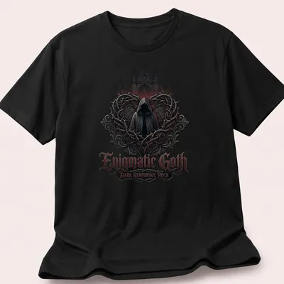 Hooded figure graphic with gothic lettering in black, red, gray, and white