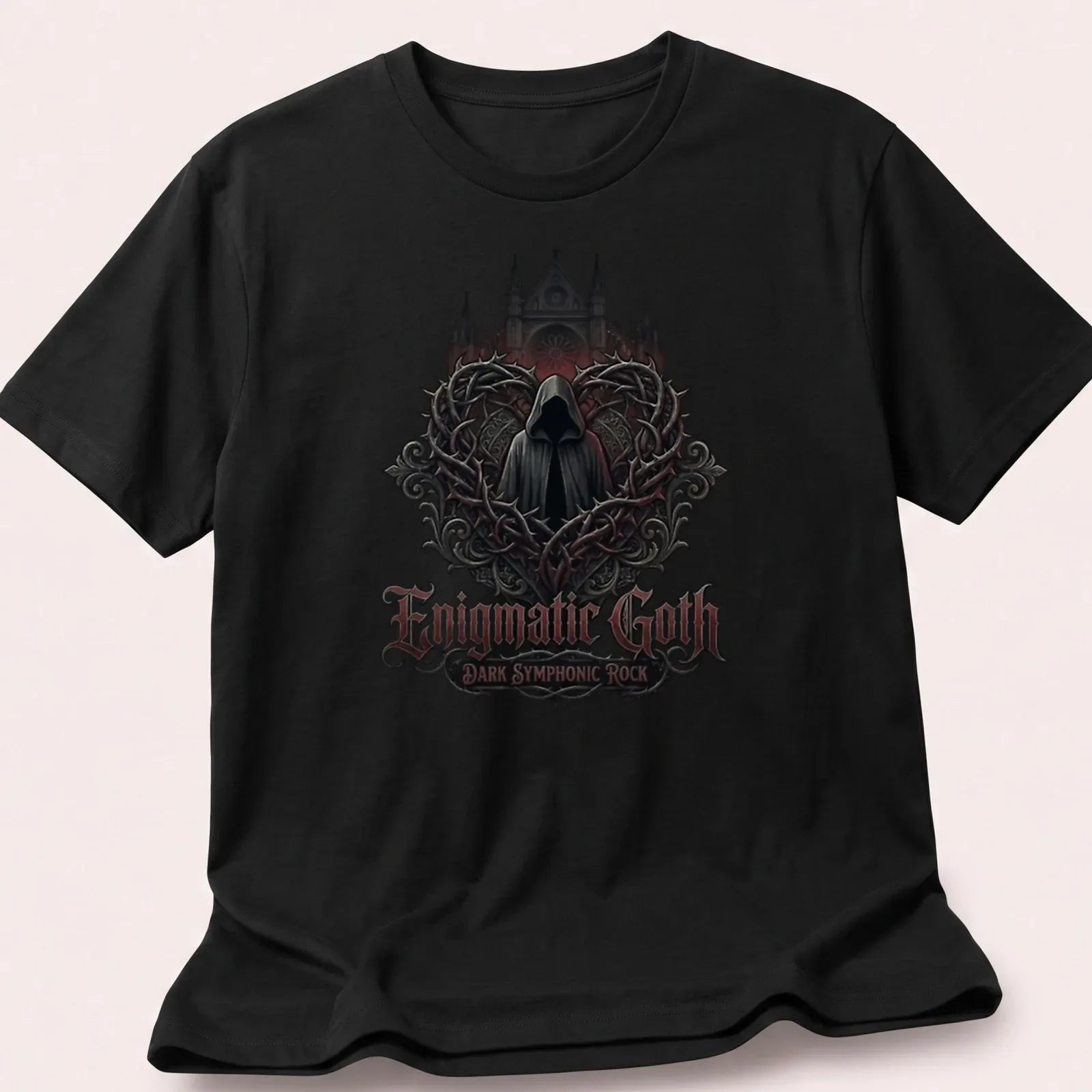 Hooded figure graphic with gothic lettering in black, red, gray, and white — printed on a unisex t-shirt