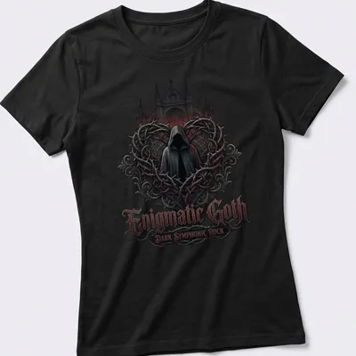 Hooded figure graphic with gothic lettering in black, red, gray, and white — printed on a women's shirt