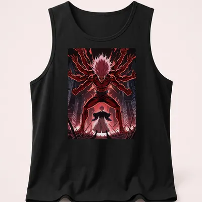 Manga scene featuring demonic figures and a boy in red, black, and white — printed on a tank top