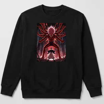 Manga scene featuring demonic figures and a boy in red, black, and white — printed on a unisex sweatshirt