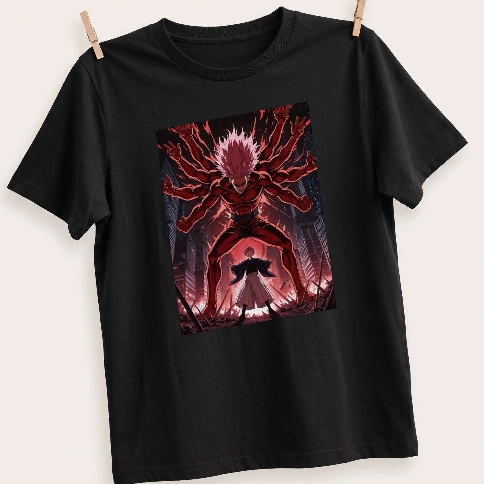 Manga scene featuring demonic figures and a boy in red, black, and white — printed on a unisex t-shirt
