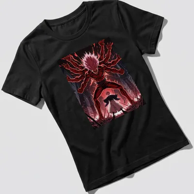 Manga scene featuring demonic figures and a boy in red, black, and white — printed on a women's shirt