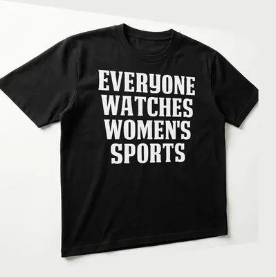 Bold typography t-shirt featuring the phrase 'Everyone Watches Sports' in black and white. — printed on a unisex t-shirt (angled view)