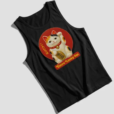 Kawaii style shirt featuring a lucky maneki-neko cat with colorful accents — printed on a tank top