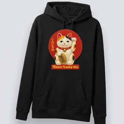 Kawaii style shirt featuring a lucky maneki-neko cat with colorful accents — printed on a unisex hoodie