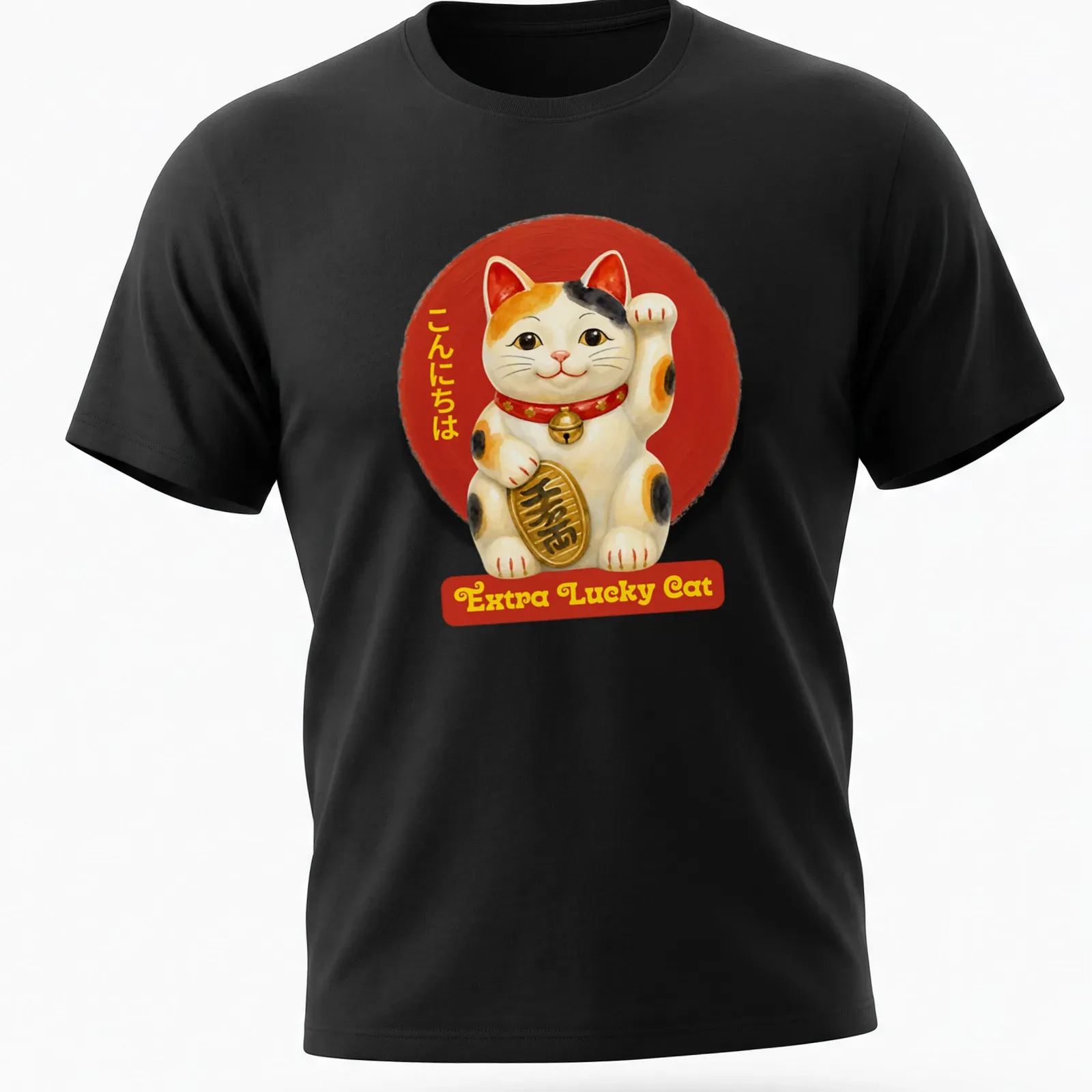 Kawaii style shirt featuring a lucky maneki-neko cat with colorful accents — printed on a unisex t-shirt