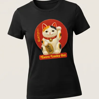 Kawaii style shirt featuring a lucky maneki-neko cat with colorful accents — printed on a women's shirt