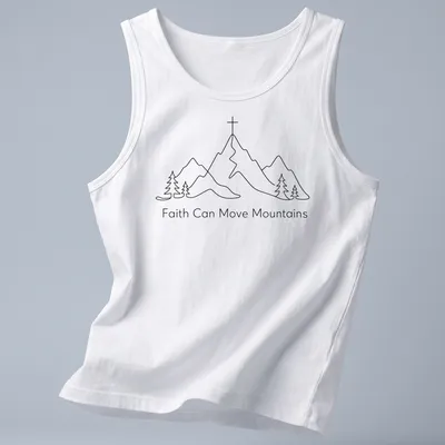 Minimal line art featuring mountains and pine trees with inspirational text. — printed on a tank top